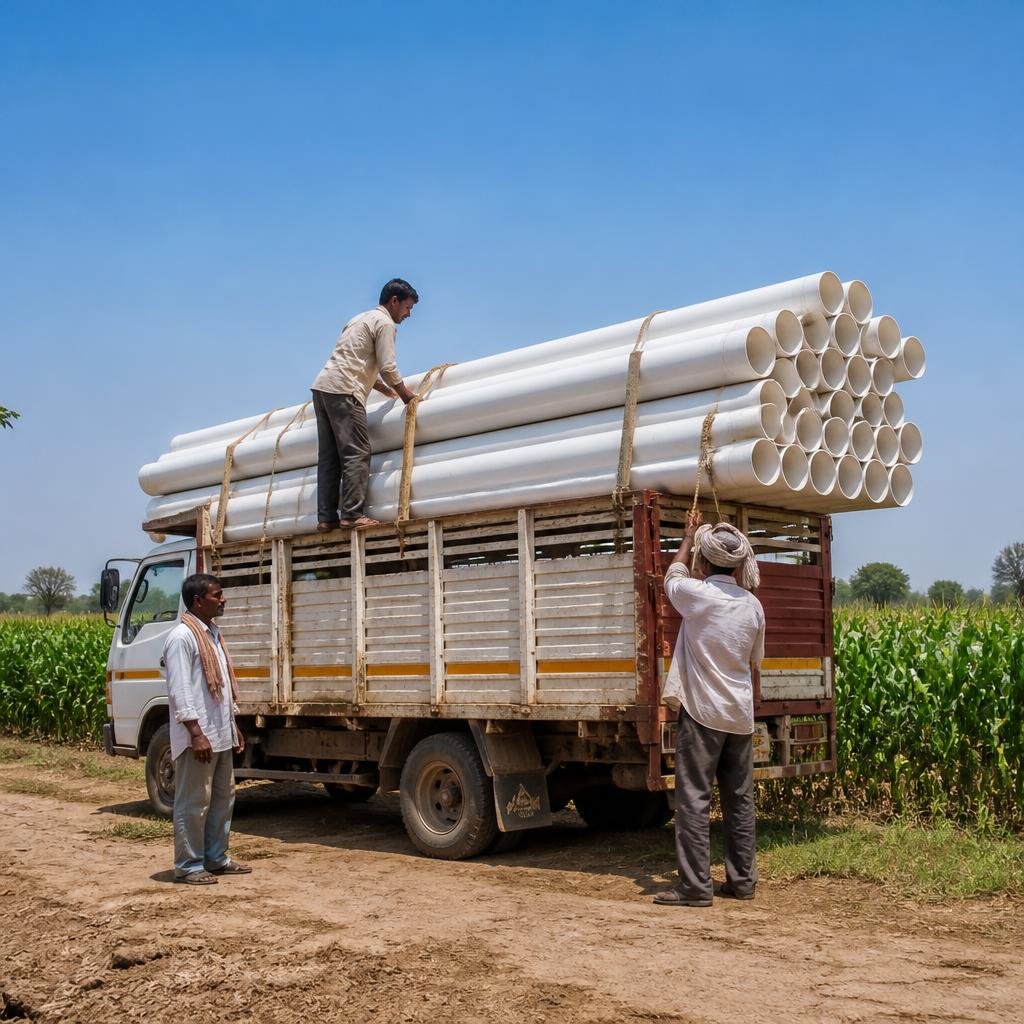 Illustrative farm pipe delivery scene