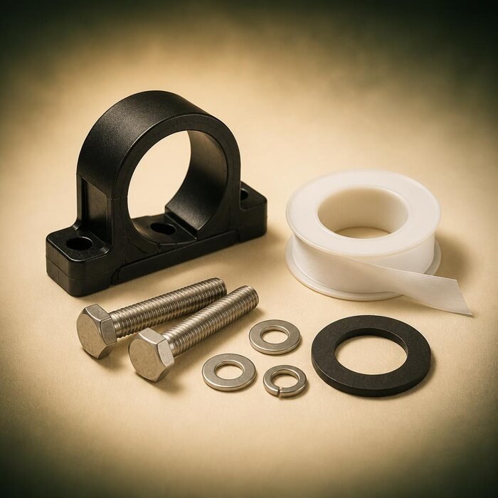 Illustrative concept of pipe clips, fasteners, gasket and thread-seal tape